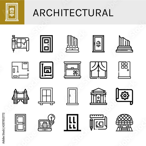 Set of architectural icons such as Door, Blueprint, Column, Window, Tower bridge, Courthouse, Architecture, Modern architecture , architectural