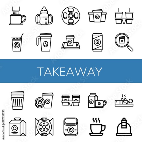 Set of takeaway icons such as Coffee cup, Cold coffee, Sippy cup, Cheesecake, Paper cup, carrier, Lunch box, Break, Instant coffee, Cupping , takeaway