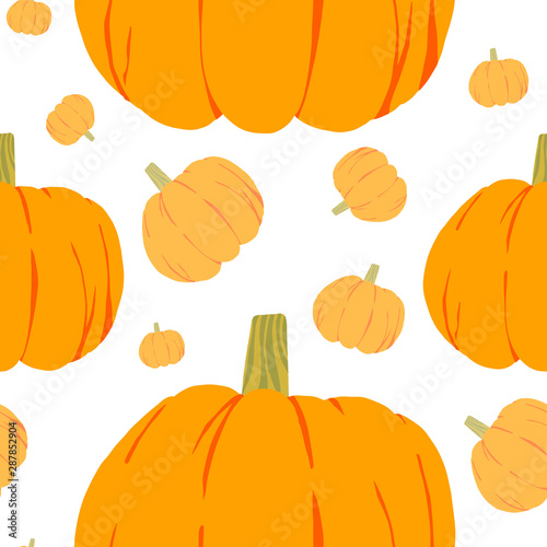 Vector seamless pattern with orange pumpkins on white background. Fall season. Halloween illustration. October harvest. Thanksgiving day