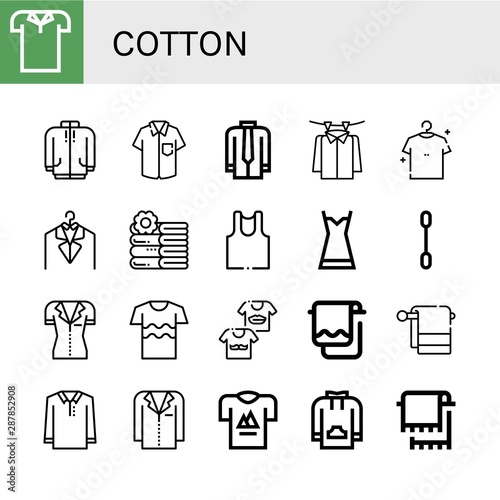 Set of cotton icons such as Polo shirt, Long sleeve, Shirt, Laundry, Towels, Undershirt, Nightgown, Cotton swab, Shirts, Towel, Jacket, T shirt, Sweatshirt , cotton