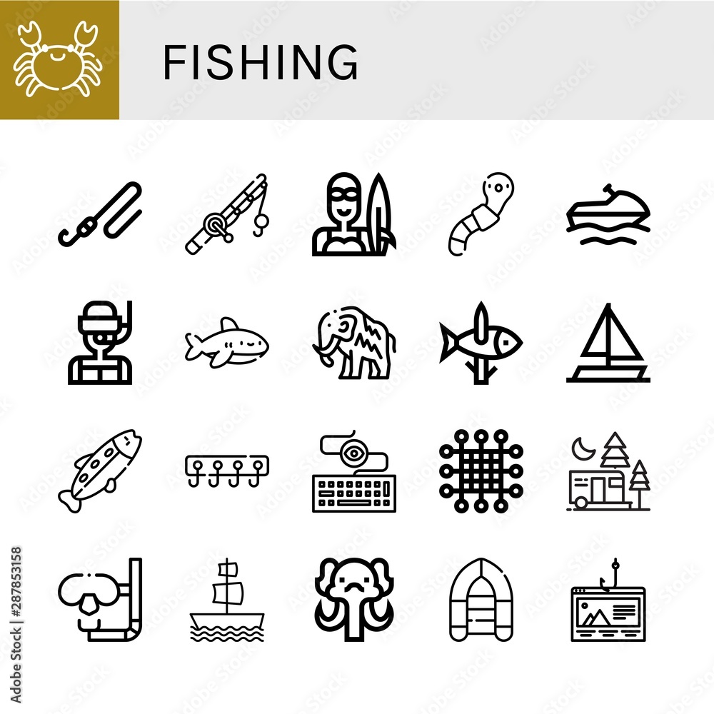 Set of fishing icons such as Crab, Fishing rod, Surfer, Worm, Jet ski, Dive, Shark, Mammoth, Fishing, Sailing boat, Trout, Hooks, Keylogger, Net, Camping, Galleon, Inflatable boat , Set of fishing icons such as Crab, Fishing rod, Surfer, Worm, Jet ski, Dive, Shark, Mammoth, Fishing, Sailing boat, Trout, Hooks, Keylogger, Net, Camping, Galleon, Inflatable boat ,