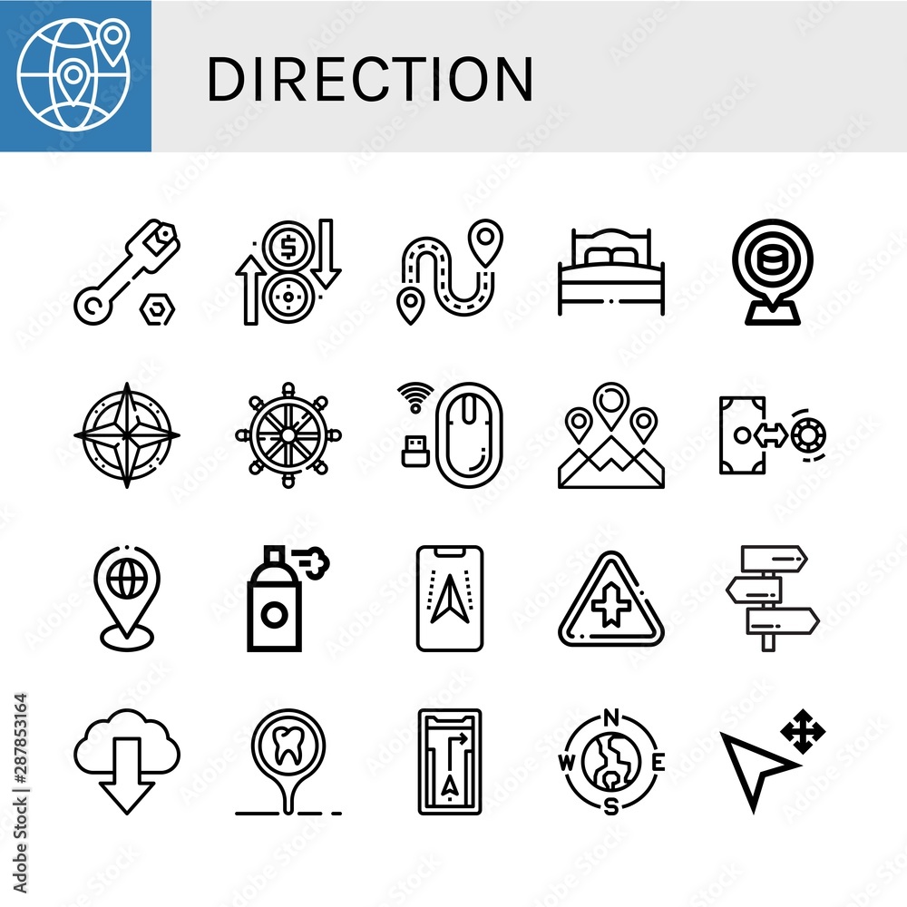 Set of direction icons such as Earth, Wrench, Exchange, Destination, Bed, Placeholder, Compass, Helm, Mouse, Location, Spray, Gps, Intersection, Signpost, Download , direction Set of direction icons such as Earth, Wrench, Exchange, Destination, Bed, Placeholder, Compass, Helm, Mouse, Location, Spray, Gps, Intersection, Signpost, Download , direction