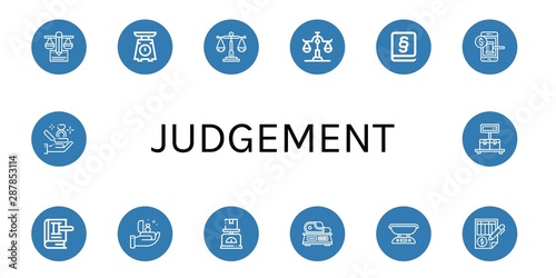 Set of judgement icons such as Balance, Scale, Law, Auction, Proposal , judgement