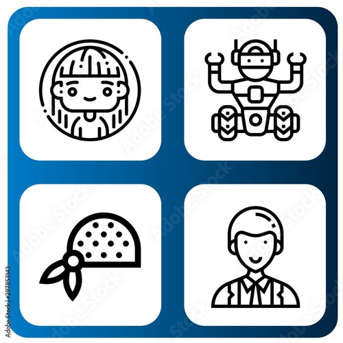 Set of character icons such as Woman, Robot, Bandana, Officer , character