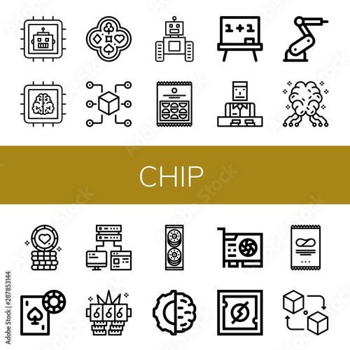 Set of chip icons such as Cpu, Chip, Poker, Packet, Robot, Crisps, Board, Croupier, Industrial robot, AI, Poker chip, Gambling, Computer storage, Jackpot, Cookies, Artificial intelligence ,