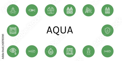 Set of aqua icons such as Sea, Fish bone, Water park, Ink, Water slide, Tear, Fishbone, Drop, Dam, Liquid soap , aqua