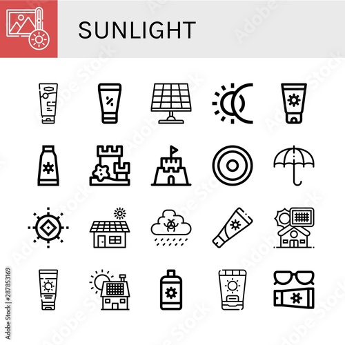 Set of sunlight icons such as Brightness, Sunscreen, Solar panel, Eclipse, Sun cream, Sand castle, Sun, Sun umbrella, Solar, Rain, lotion , sunlight