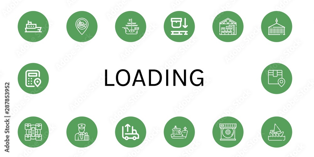 Set of loading icons such as Ship, Use pallet, Warehouse, Container, Logistics, Customs, Unloading, Dvd player , loading Set of loading icons such as Ship, Use pallet, Warehouse, Container, Logistics, Customs, Unloading, Dvd player , loading