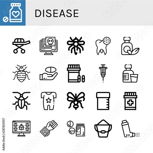 Set of disease icons such as Medicine, Stretcher, Virus, Mosquito, Bacteria, Bed bug, Analgesic, Vaccine, Syrup, Cockroach, Body, Sample tube, Blood pressure, Drugs , disease
