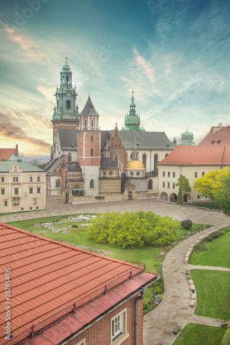 Beautiful view of the Cathedral of Saints Stanislav and Wenceslas (Wawel Cathedral) and the Royal Castle in Krakow, Poland