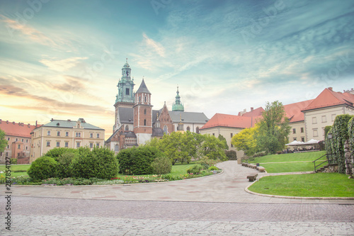 Beautiful view of the Cathedral of Saints Stanislav and Wenceslas (Wawel Cathedral) and the Royal Castle in Krakow, Poland photo