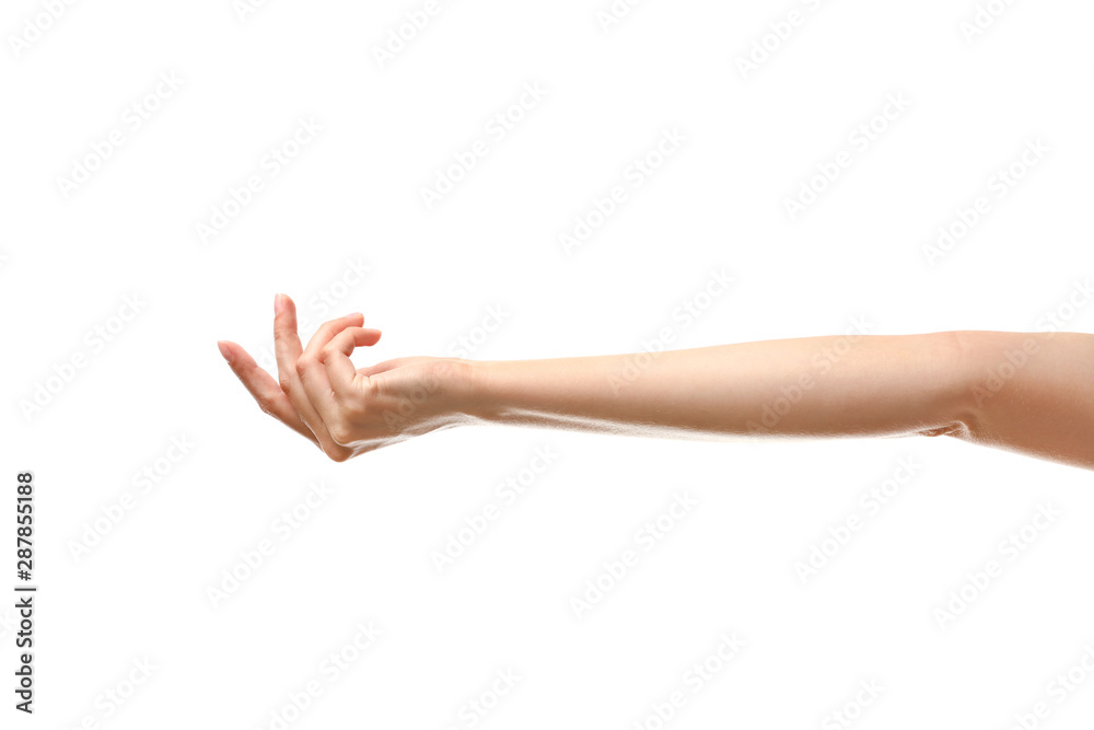 Young woman holding something on white background, closeup Young woman holding something on white background, closeup