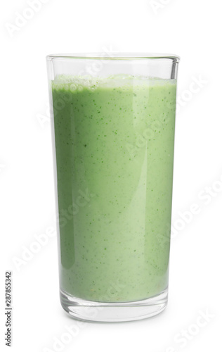 Glass of tasty avocado smoothie on white background