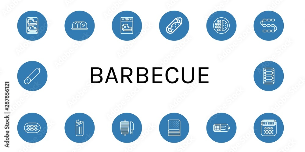 Set of barbecue icons such as Steak, Tenderloin, Burrito, Meat, Sausage, Shish kebab, Shawarma, Bacon, Ham, Smoked sausage, Ribs , barbecue Set of barbecue icons such as Steak, Tenderloin, Burrito, Meat, Sausage, Shish kebab, Shawarma, Bacon, Ham, Smoked sausage, Ribs , barbecue