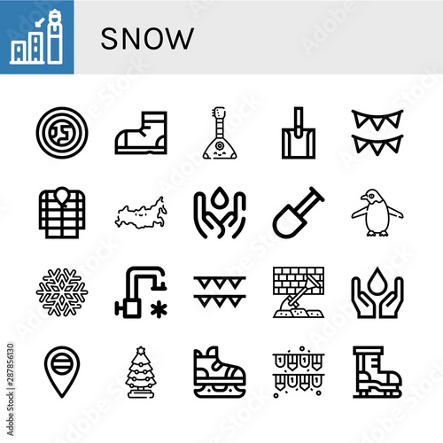 Set of snow icons such as Forecast, Atmosphere, Snow boots, Balalaika, Shovel, Garlands, Anorak, Russia, Water, Penguin, Snowflake, Cold water, Christmas tree, Ice skate , snow