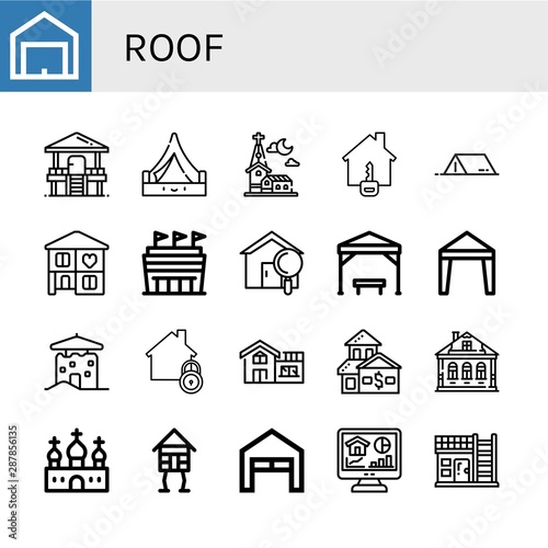 Set of roof icons such as Garage, Hut, Tent, Church, House, Home, Stadium, Pergola, Canopy, Izba, Wooden house , roof