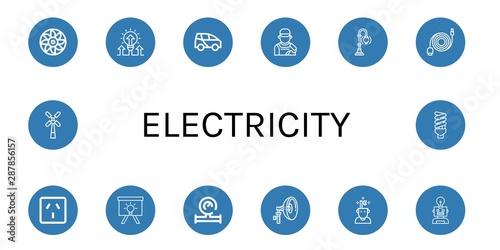 Set of electricity icons such as Turbine, Lightbulb, Electric car, Painter, Street lamp, Data cable, Socket, Idea, Water meter, Flash, Windmill , electricity