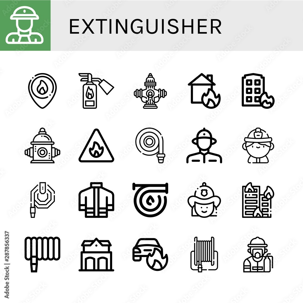 Set of extinguisher icons such as Fireman, Firefighter, Fire extinguisher, Hydrant, House on fire, Fire hydrant, sign, hose, Water hose, Firefighter uniform , extinguisher
