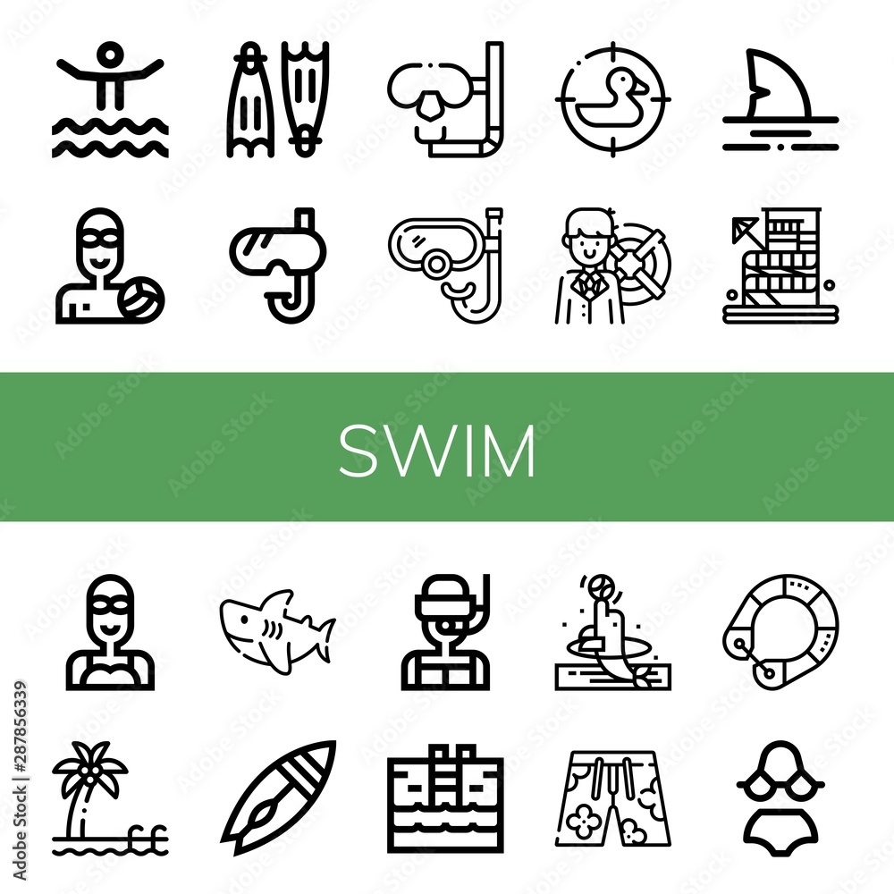 Set of swim icons such as Waterpark, Waterpolo, Flippers, Snorkel, Dive, Duck, Lifebuoy, Shark, Swimmer, Pool, Surfboard, Swimming pool, Dolphin, Swimsuit, Life saver, Bikini , swim Set of swim icons such as Waterpark, Waterpolo, Flippers, Snorkel, Dive, Duck, Lifebuoy, Shark, Swimmer, Pool, Surfboard, Swimming pool, Dolphin, Swimsuit, Life saver, Bikini , swim