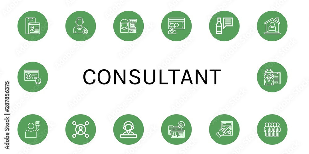 Set of consultant icons such as User, Remove friend, Review, Account, Receptionist, Evaluation, Users , consultant Set of consultant icons such as User, Remove friend, Review, Account, Receptionist, Evaluation, Users , consultant