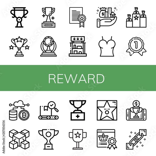 Set of reward icons such as Trophy, Award, Prize, Prizes, Assets, Top, Rank, Gold medal, Cryptocurrency, Blockchain, Quality, Walk of fame, Reward , reward