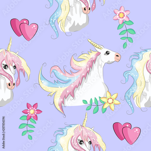 Seamless pattern with unicorns  stars  clouds and abstraction  paint splashes. Endless cute colorful background. Hand drawn cartoon doodle sketches.