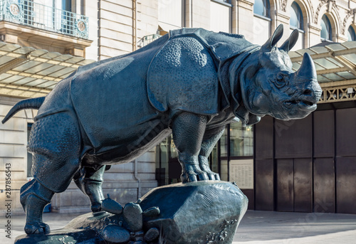 Rhinoceros statue in front of museum d'Orsay in Paris, France - By Henri-Alfred Jacquemart (1824 -1896).