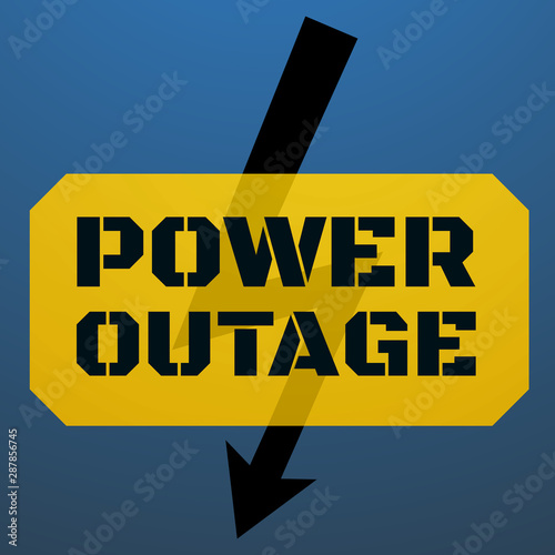 Power outage illustration. Stencil black text on yellow backdrop. Dark blue background with lightning sign