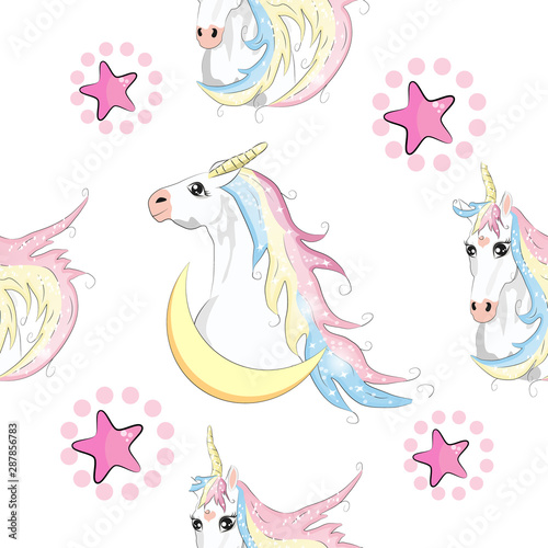 Seamless pattern with cute unicorns  stars  hearts  rainbow  moon  doodle abstractions. Magic endless background with little unicorns.