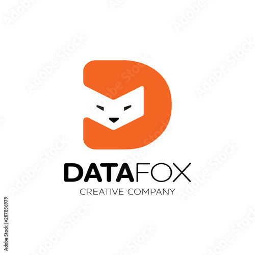 Fox data logo illustration. Head fox with share icon in letter d