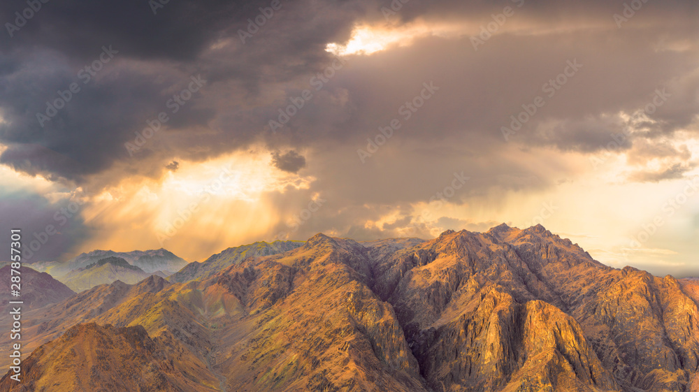 Egypt. Mount Sinai in the morning at sunrise. (Mount Horeb, Gabal Musa, Moses Mount). Pilgrimage place and famous touristic destination. Thunderstorm in the mountains.
