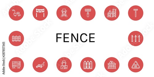 Set of fence icons such as Lawn mower, Gate, Gardener, Rake, Military base, Fences, Fence, Izba , fence