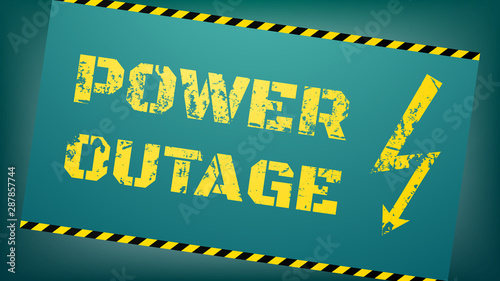 Power outage concept. Blackout illustration. Yellow grunge inscription and lightning icon. Text and sign on inclined nameplate with striped thin lines.  Hurricane, storm or bad weather aftermath