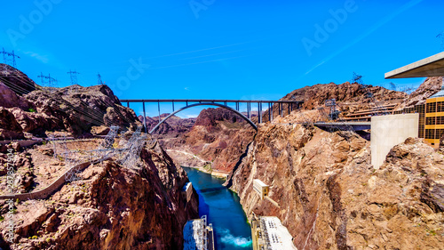 The Mike O'Callaghan–Pat Tillman Memorial Bridge that crosses the Colorado river just downstream of the Hoover Dam and connecting the states of Nevada and Arizona. Viewed from atop the Hoover Dam