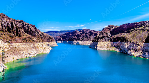 Low water level in Lake Mead, formed by the Colorado River and the construction of the Hoover Dam in Black Canyon on the border of the states of Nevada and Arizona