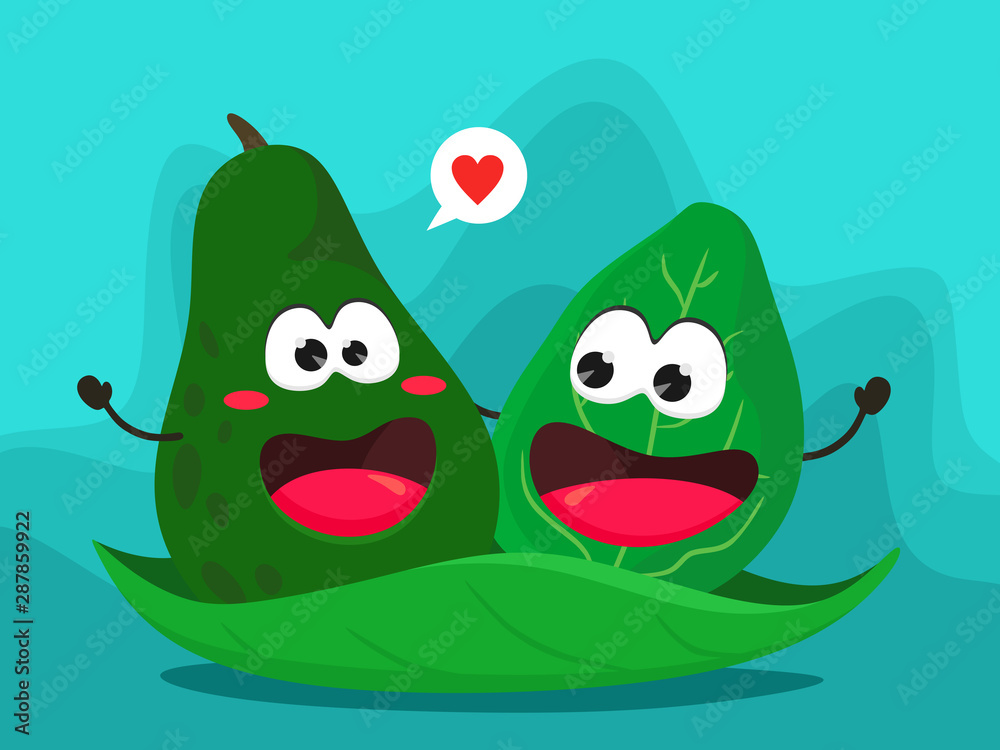 Fototapeta premium Funny avocado and spinach leaf on a green leaf. Vector illustration in cartoon flat style.