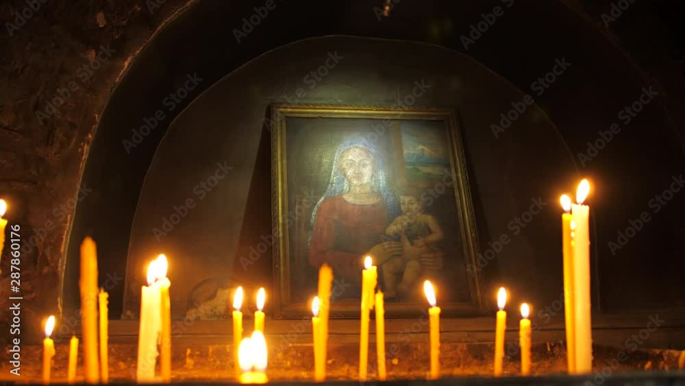 Candles and Picture of Mary and Jesus in an Ancient and Authentic Christian Monastery, Armenia 1