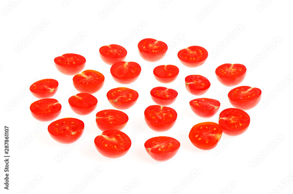 Fototapeta premium Sliced ripe tomatoes on white background. Layer for pizza