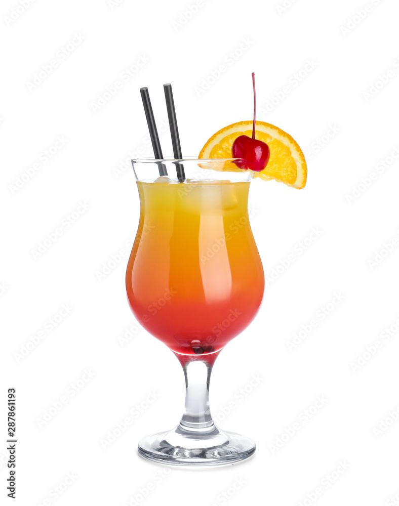 Glass of cocktail Sex on the Beach, white background
