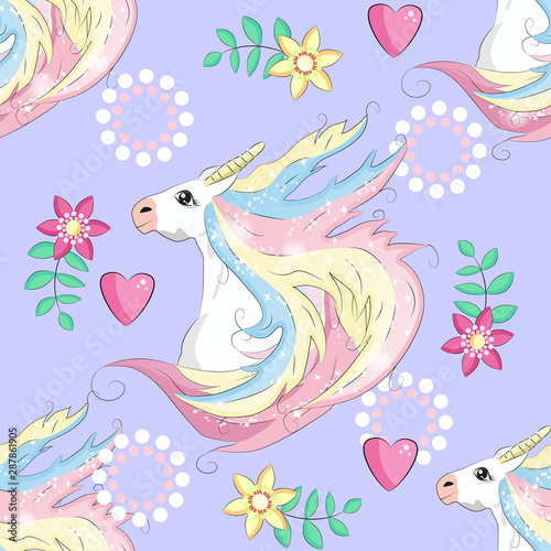 Seamless pattern with unicorns, stars, clouds and abstraction, paint splashes. Endless cute colorful background. Hand drawn cartoon doodle sketches.