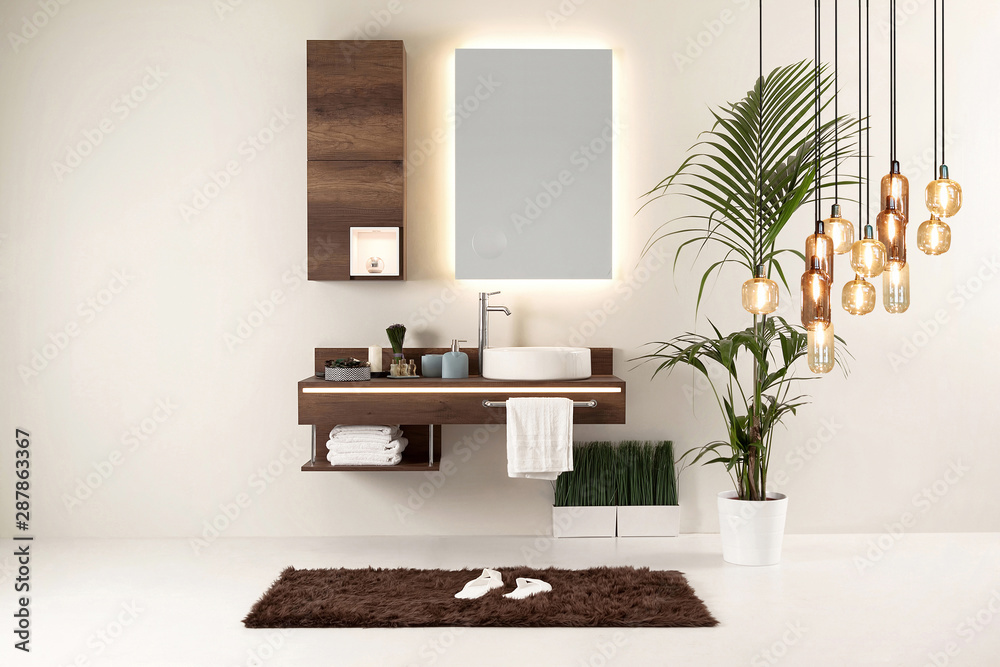 Fototapeta premium white wall clean bathroom style and interior decorative design for home, hotel and office