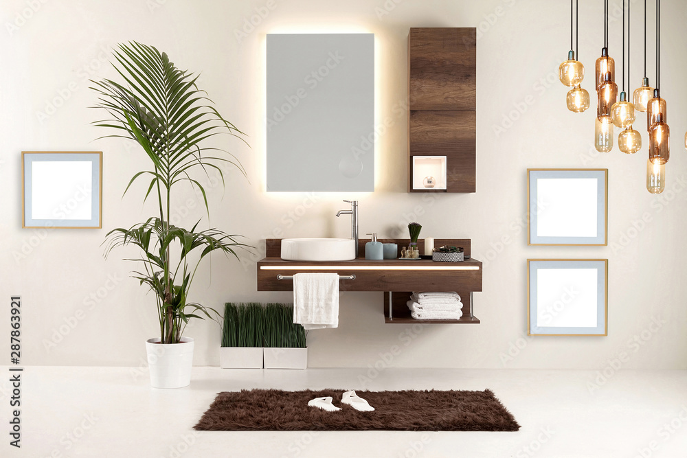 Fototapeta premium white wall clean bathroom style and interior decorative design for home, hotel and office