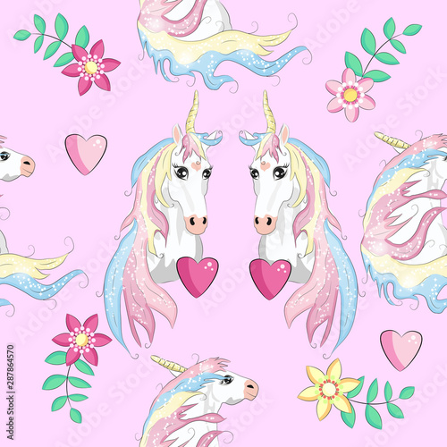 Seamless unicorn pattern with hearts and stars.