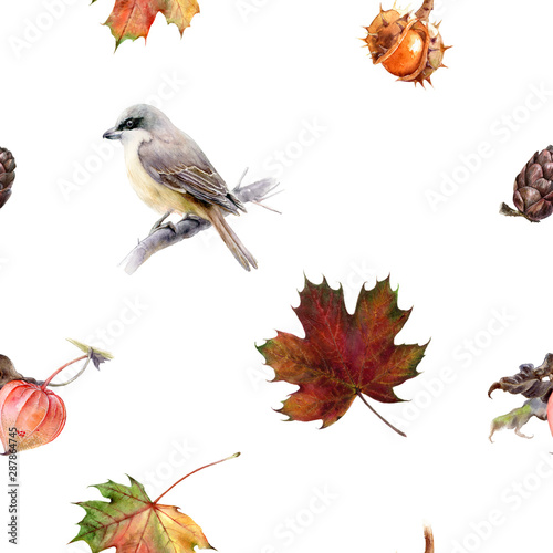 Autumn leaf bird hand drawn watercolor illustration. Seamless pattern.