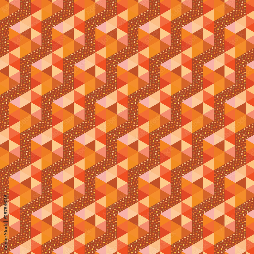 colorful orange geometric repeating pattern with triangles and decorative confetti dots. for textile, fabric, wallpaper, backgrounds and backdrops. pattern swatch at eps. file