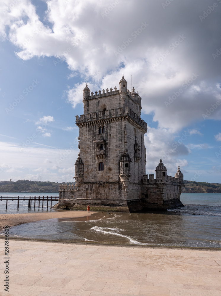 Panorama of the Tower of Belem on the Tagus river near Lisbon Portugal