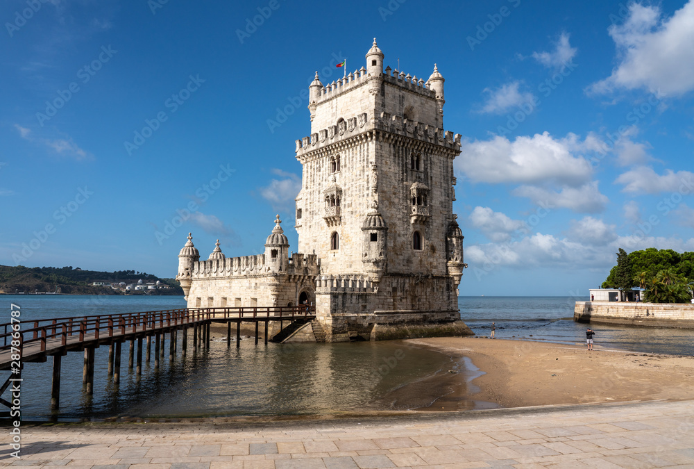 Panorama of the Tower of Belem on the Tagus river near Lisbon Portugal
