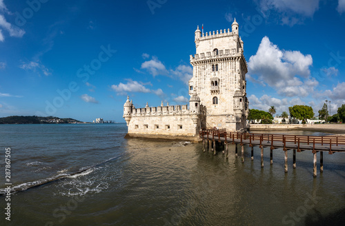 High definition panorama of the Tower of Belem on the Tagus river near Lisbon Portugal
