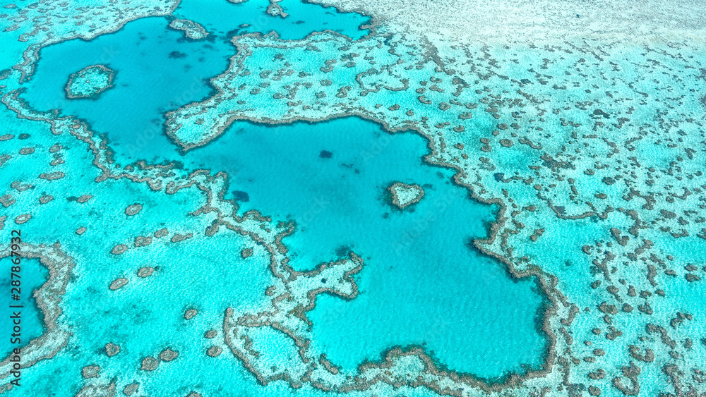 Aerial view of Great Barrier Reef in Whitsunday's Queensland Australia, famous love heart reef. - obrazy, fototapety, plakaty 