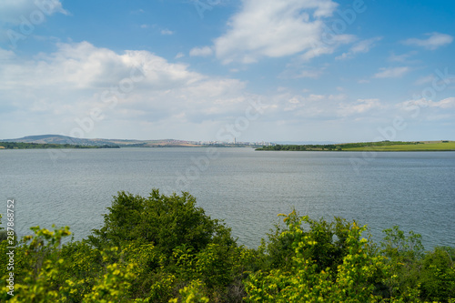 Natural landscape. Mandra Lake. In the background, the port city of Burgas. Bulgaria.